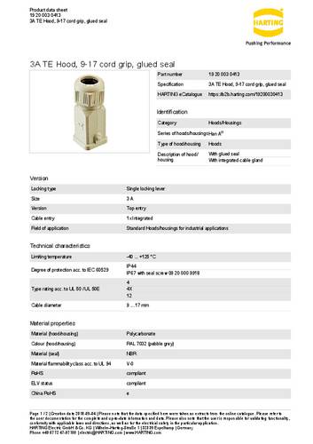 Harting Tüllengehäuse 19 20 003 0413 1St.