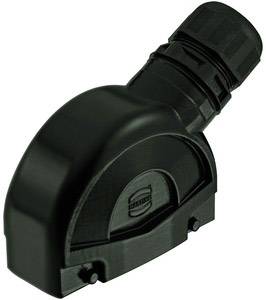 Ein schwarzes Kunststoffgehäuse mit Kabelverschraubung, vermutlich ein Gehäuse für industrielle elektrische Verbindungen oder Komponenten.