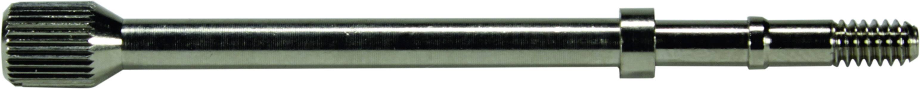 Ein silberner, länglicher Metallschaft mit gezahntem Kopfende und Gewinde auf der gegenüberliegenden Seite.