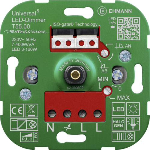 Ehmann 5500x0000 Universal-Dimmer Geeignet für Leuchtmittel: LED-Lampe, Halogenlampe, Glühlampe, Fi