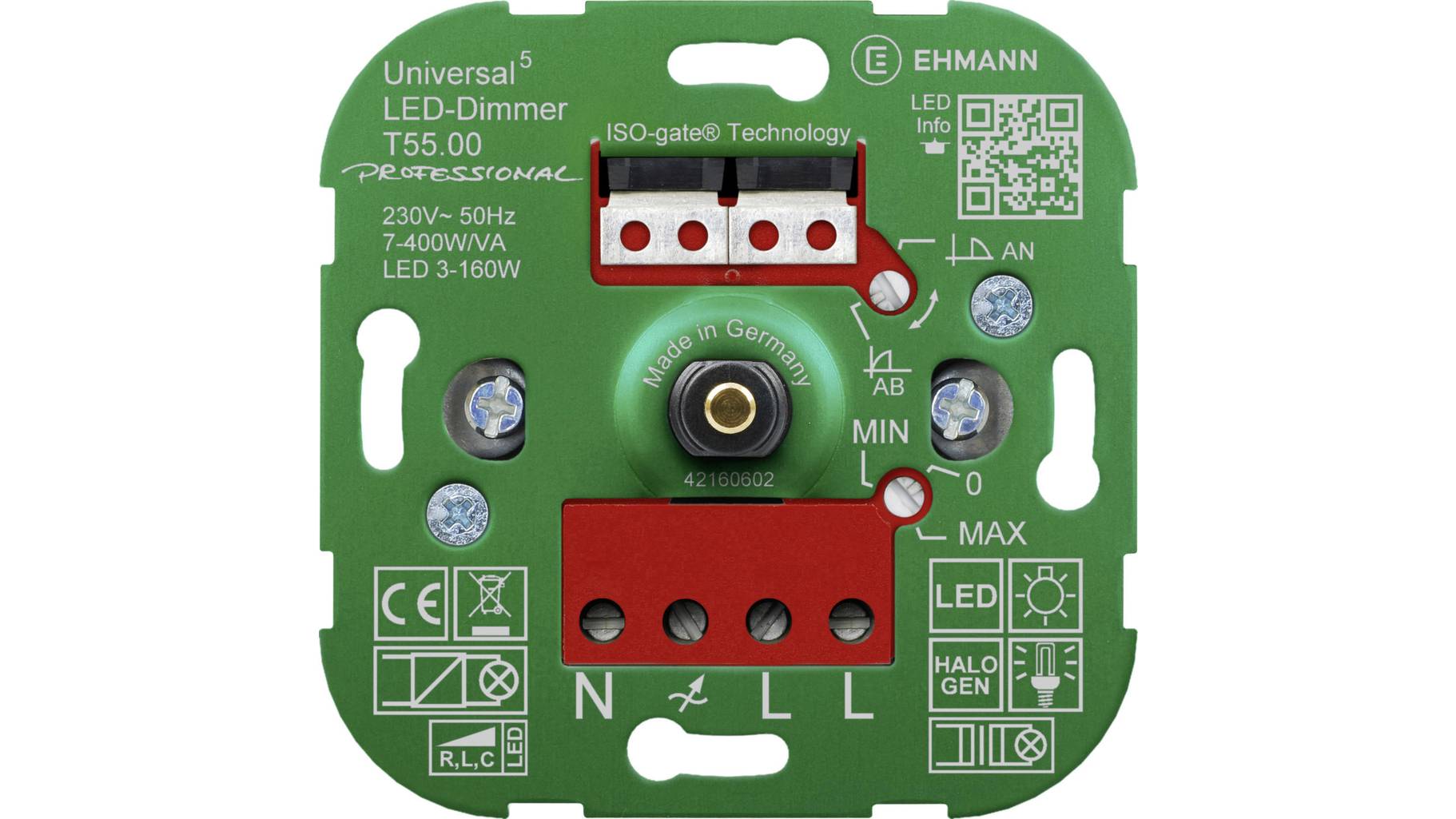 Ehmann 5500x0000 Universal-Dimmer Geeignet für Leuchtmittel: LED-Lampe, Halogenlampe, Glühlampe ...