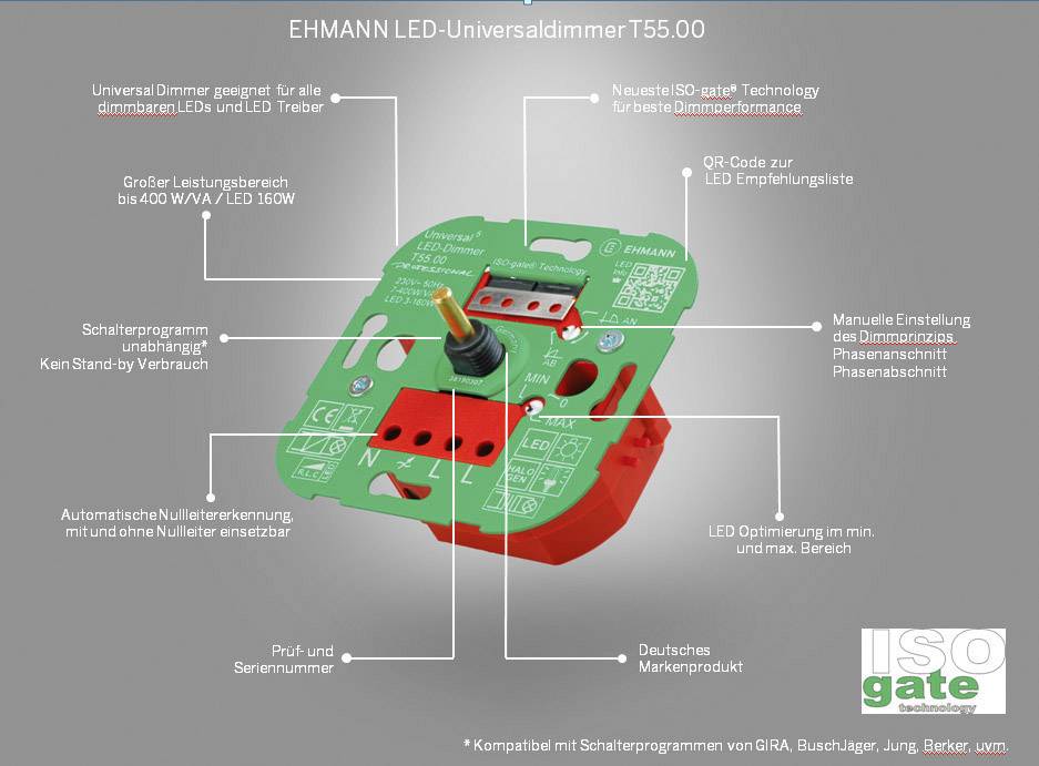 Ehmann 5500x0000 Universal-Dimmer Geeignet für Leuchtmittel: LED-Lampe, Halogenlampe, Glühlampe, Filament LEDs, LED Treiber