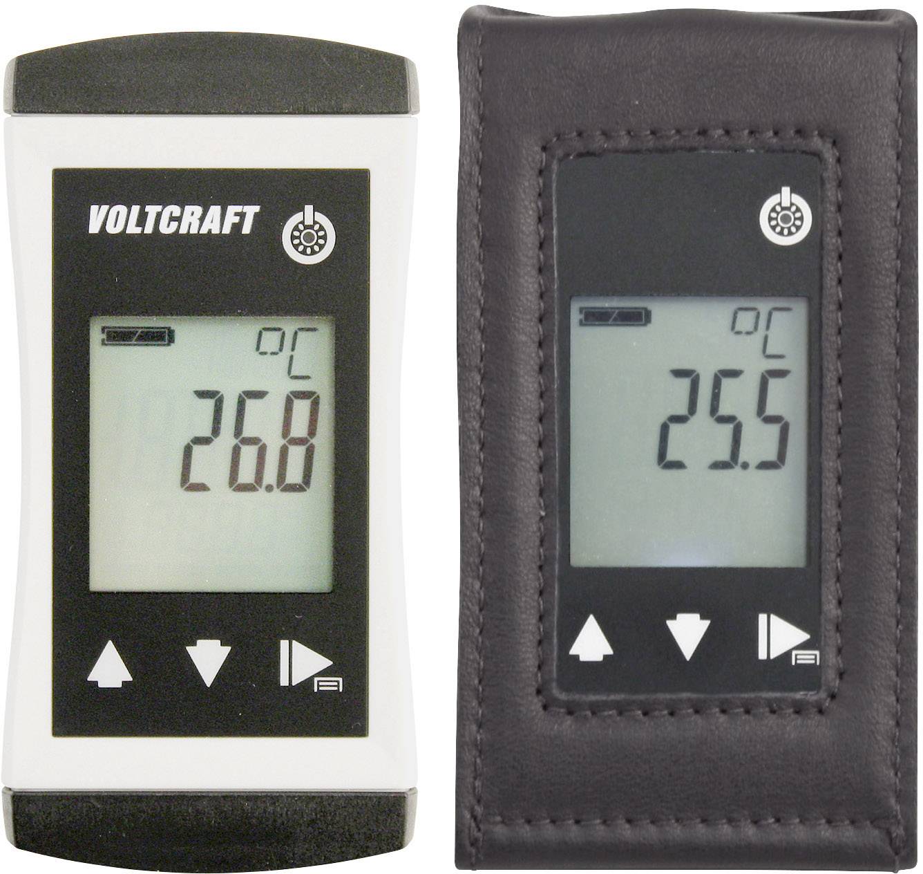 Zwei digitale Thermometer, das linke zeigt '26,8 °C', das rechte '25,5 °C'. Beide haben Anzeige- und Navigationstasten.