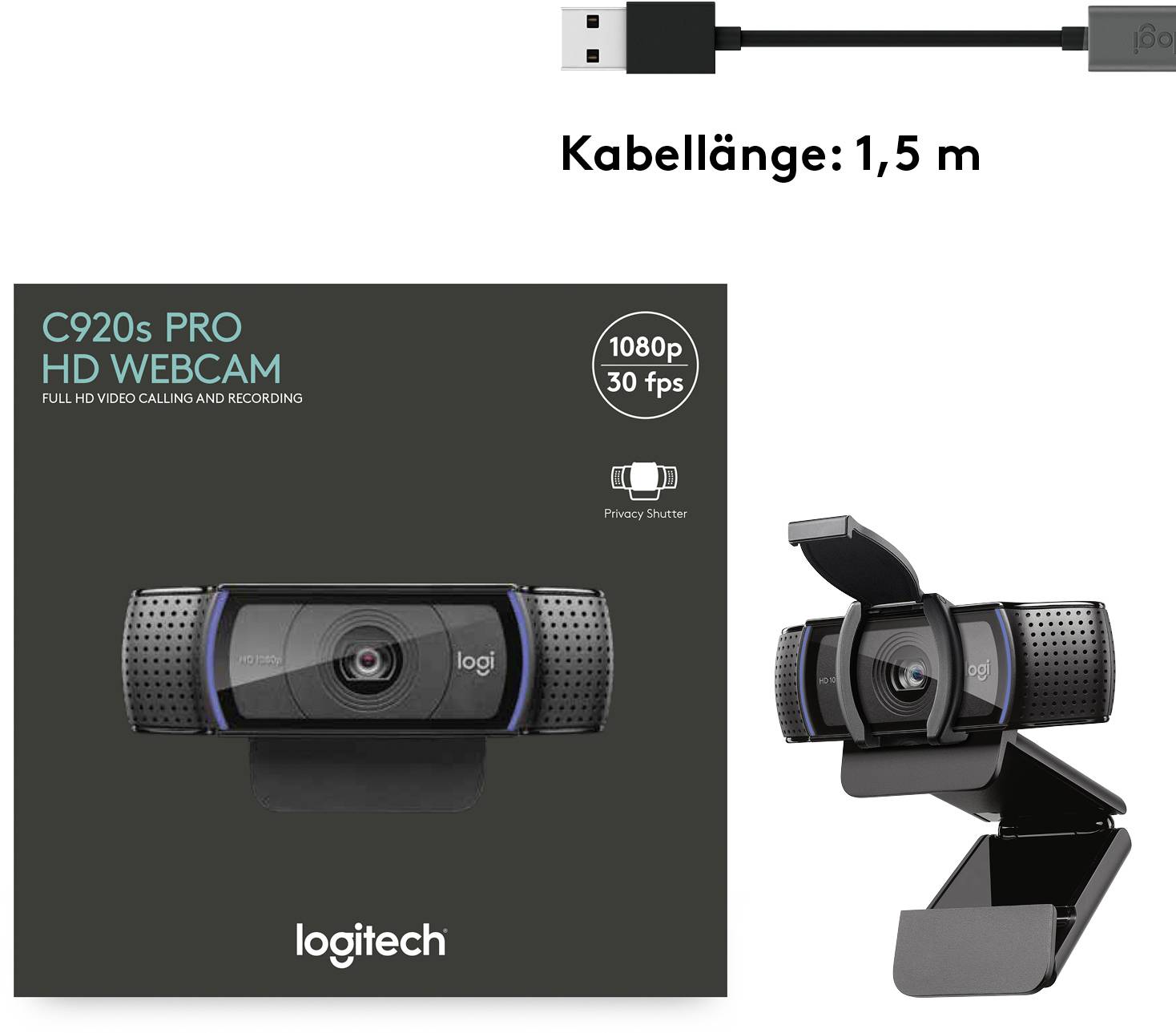 Logitech C920s HD Pro Full HD-Webcam 1920 x 1080 Pixel, 1280 x 720 Pixel Klemm-Halterung