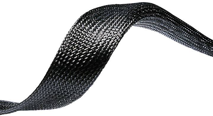 Ein schwarzer, glänzender, gewellter Kabelschutz aus geflochtenem Kunststoffmaterial, der Flexibilität und Schutz bietet.