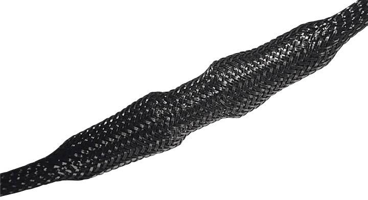 Ein schwarzer, geflochtener Kabelschlauch zeigt Knoten, die für Flexibilität und Schutz der darunter liegenden Kabel sorgen.