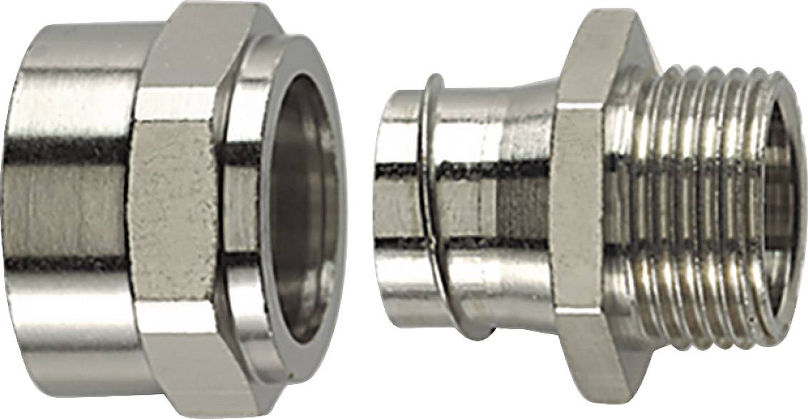 Zwei silberne Metallverbindungsstücke, eines mit Innengewinde und eines mit Außengewinde, nebeneinander platziert.