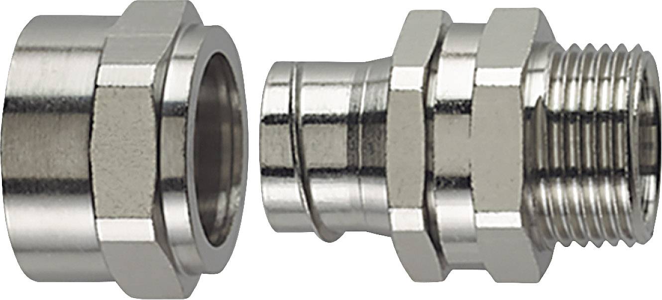 Zwei Metallverschraubungen, eine Sechskantmutter und ein geripptes Rohrteil, liegen nebeneinander, bereit zur Montage.