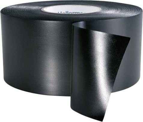 Schwarzes Isolierband in einer großen Rolle, teilweise abgerollt. Verwendet zum Isolieren von elektrischen Leitungen.