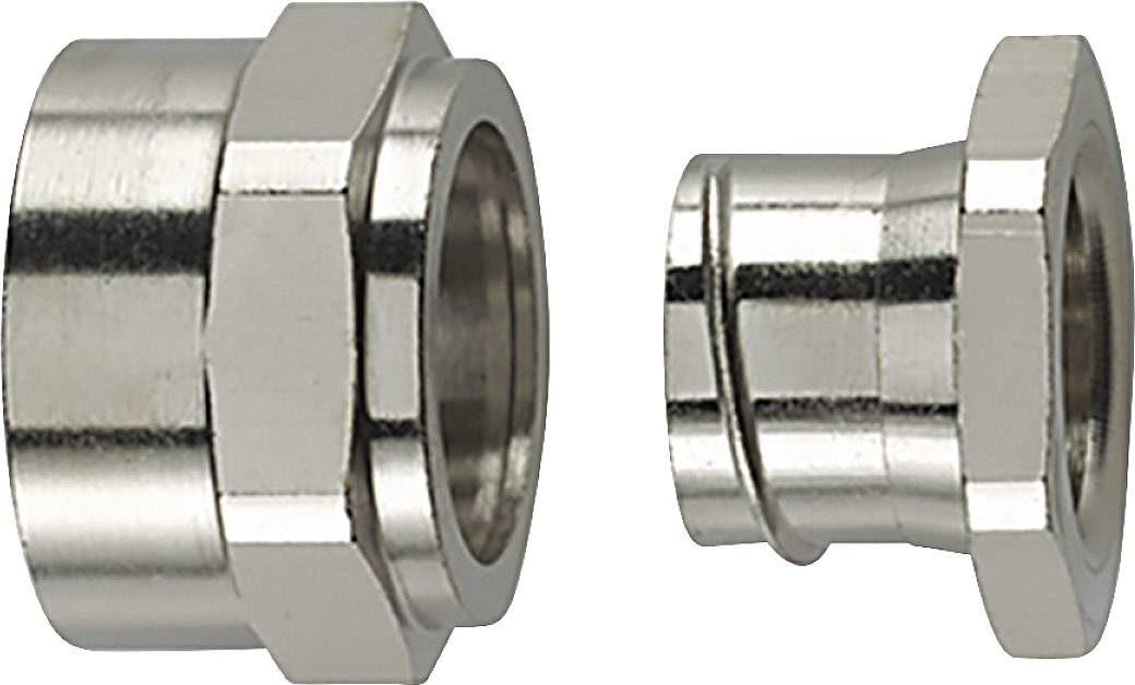 Zwei metallene Fittings, nebeneinander dargestellt, zeigen unterschiedliche Größen und Formen, geeignet für Rohrverbindungen.