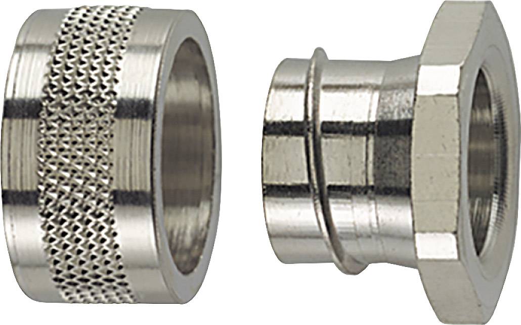 Zwei silberne Metallkupplungen nebeneinander. Links ein Ring mit geriffelter Oberfläche, rechts ein Verbindungsteil mit mehreren Rillen.