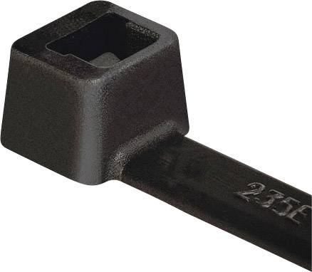 Ein schwarzer Kabelbinder mit quadratischem Verriegelungskopf, verwendet zum Bündeln von Kabeln oder Objekten zur ordentlichen Befestigung.