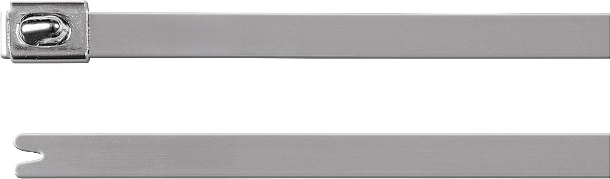 Metallkabelbinder; oben mit Verschlussmechanismus, unten glattes Band. Geeignet für industrielle Anwendungen.