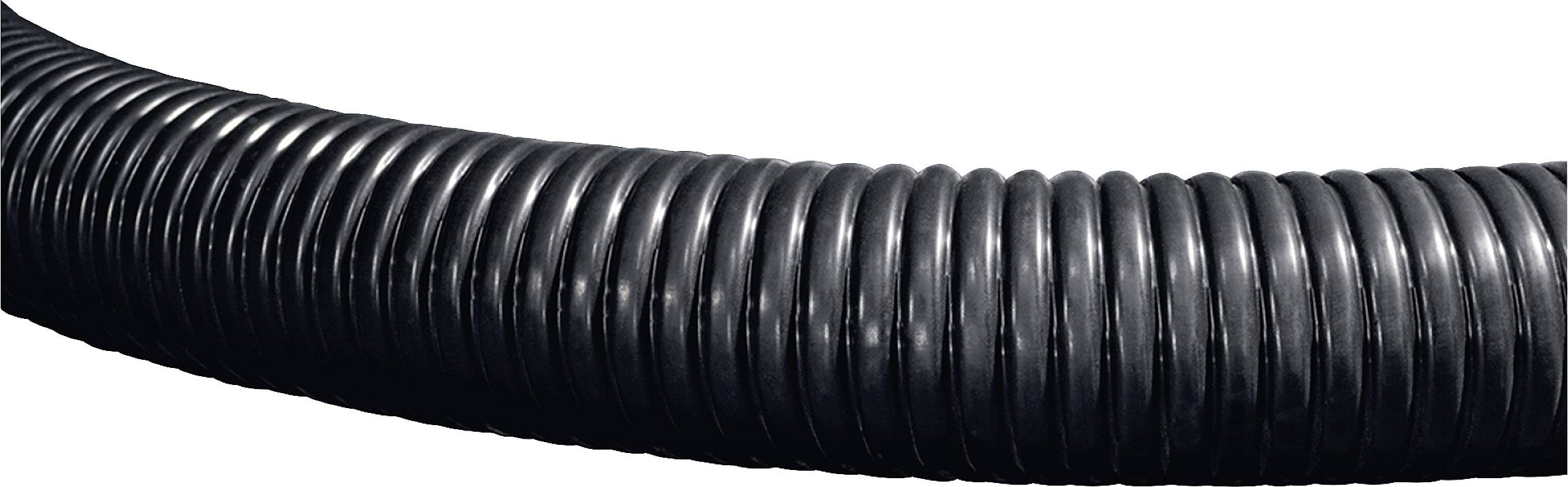 Ein schwarzer, flexibler Wellschlauch in geschwungener Form. Ideal zur Kabel- oder Rohrverlegung, bietet Schutz und Flexibilität.