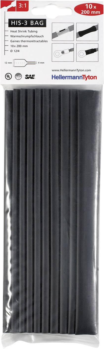 Schrumpfschläuche in schwarzer Verpackung mit Text 'Heat Shrink Tubing'. Größe: 6-20 mm. 3:1 Schrumpfrate, 10 Stück à 200 mm.