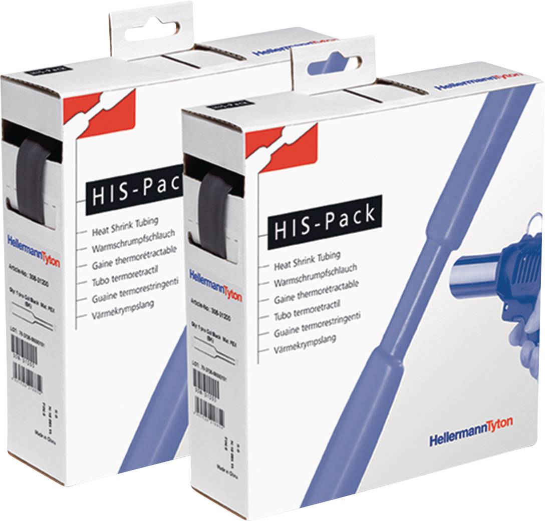 Zwei Packungen Schrumpfschläuche der Marke HellermannTyton. Verpackungsdesign zeigt Produktabbildung und Markenlogo.