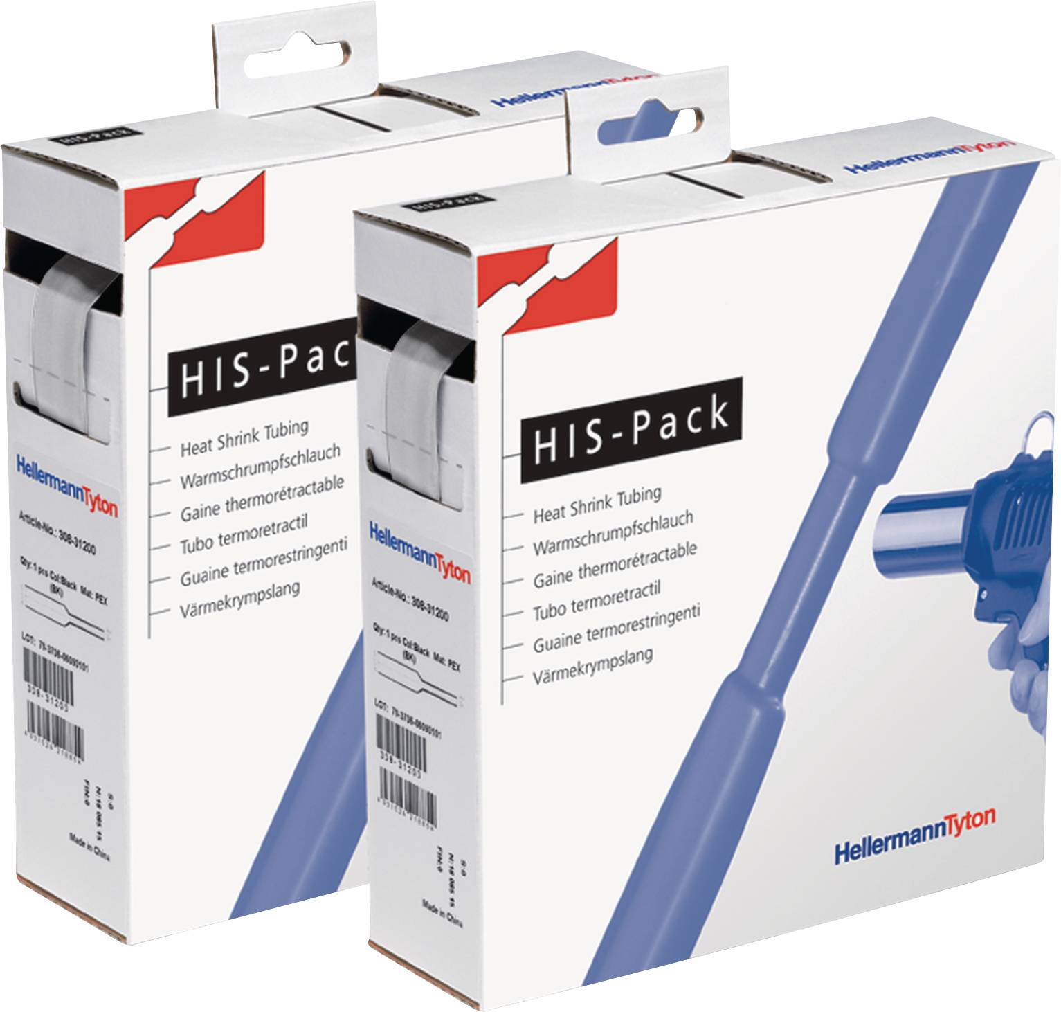 Zwei Kartons mit der Aufschrift 'HIS-Pack' enthalten Schrumpfschläuche. Die Verpackung zeigt ein Bild eines Schlauchs und eines Heizgeräts.