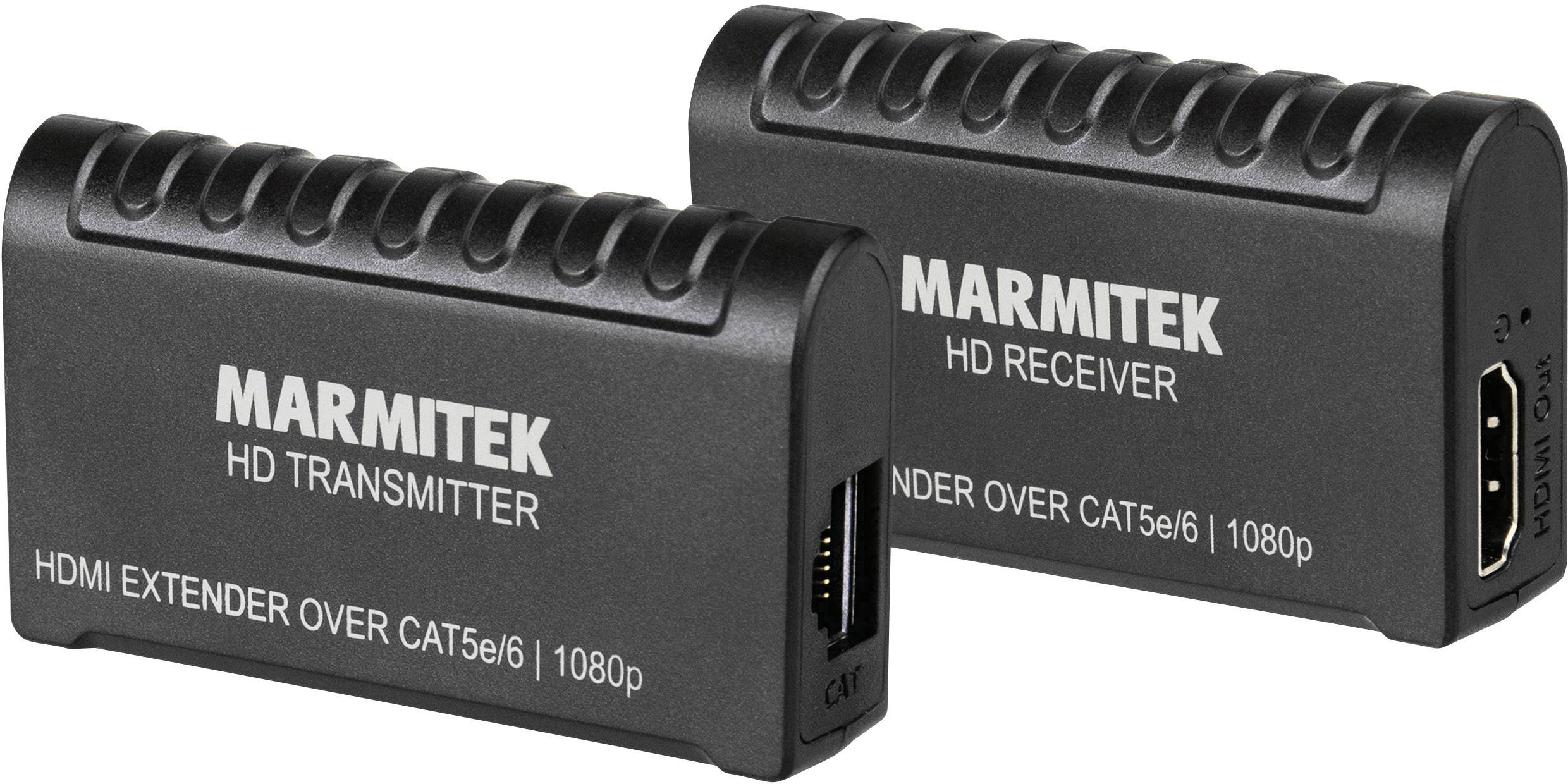 Zwei schwarze Marmitek HDMI-Extender; links 'HD Transmitter', rechts 'HD Receiver'; verbinden HDMI über CAT5e/6; 1080p-Unterstützung.