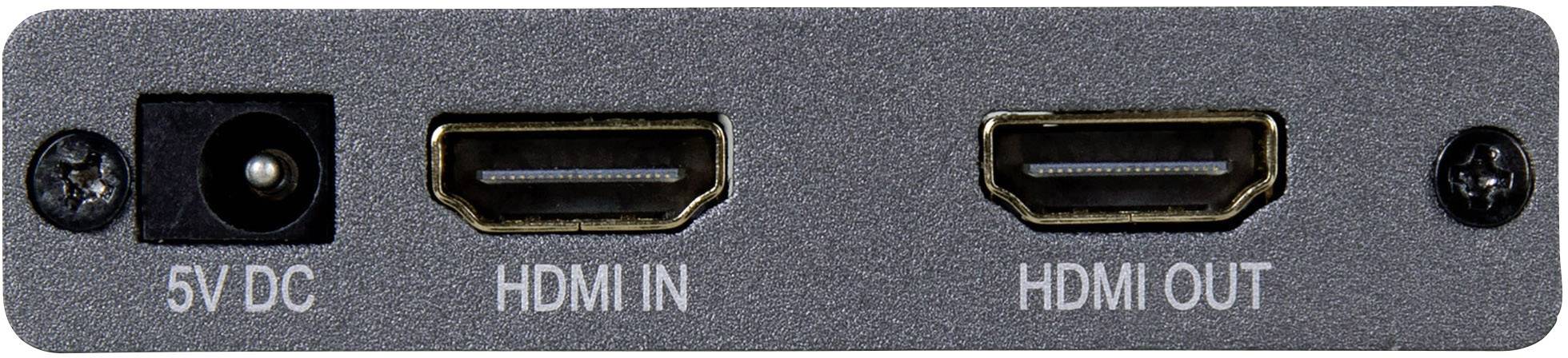 Rückseite eines Geräts mit Anschlüssen: links ein 5V-DC-Netzanschluss, daneben HDMI-Eingang (HDMI IN) und HDMI-Ausgang (HDMI OUT).