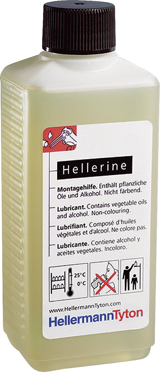 Flasche mit Schmiermittel 'Hellerine' von HellermannTyton, enthält pflanzliche Öle und Alkohol, farblos. Geeignet für Montagearbeiten.
