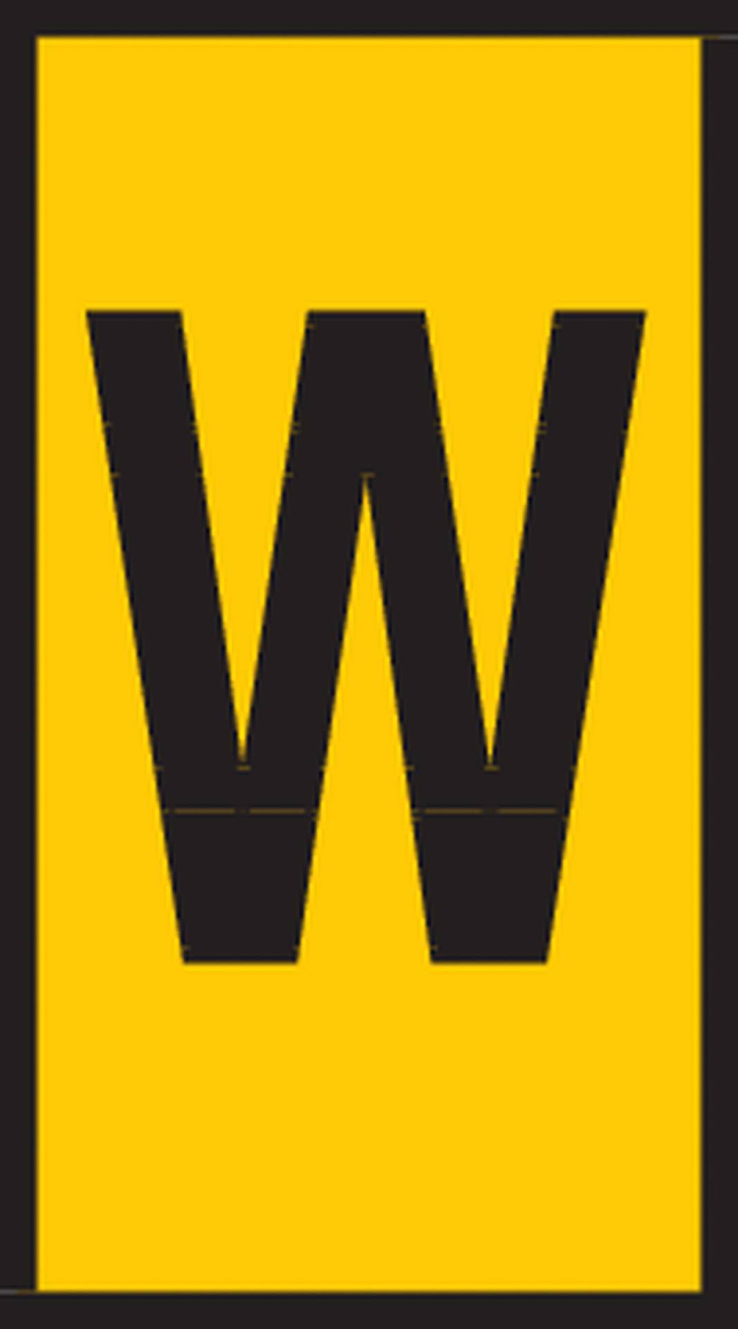 Gelbes Schild mit einem schwarzen 'W' in der Mitte.