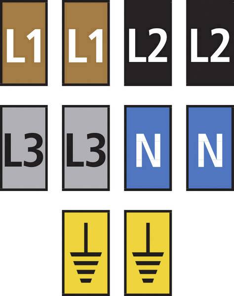Stromleitungskennzeichnung: L1 (braun), L2 (schwarz), L3 (grau), N (blau), Erdungssymbol (gelb).