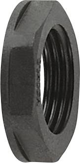 Schwarze Sechskantmutter aus Metall mit vier seitlichen Einkerbungen, geeignet für Verbindungen und Befestigungen in Mechanik oder Bau.