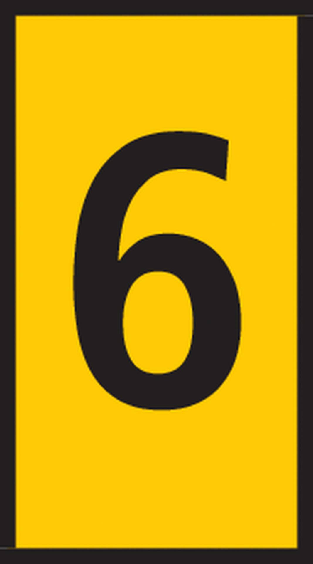 Gelbes Schild mit großer schwarzer Ziffer '6' in der Mitte.
