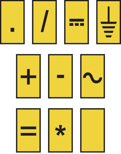 Gelbe Schilder mit elektrischen Symbolen: Punkt, Slash, Erdung, Plus, Minus, Wechselstrom, Gleichheit, Stern.