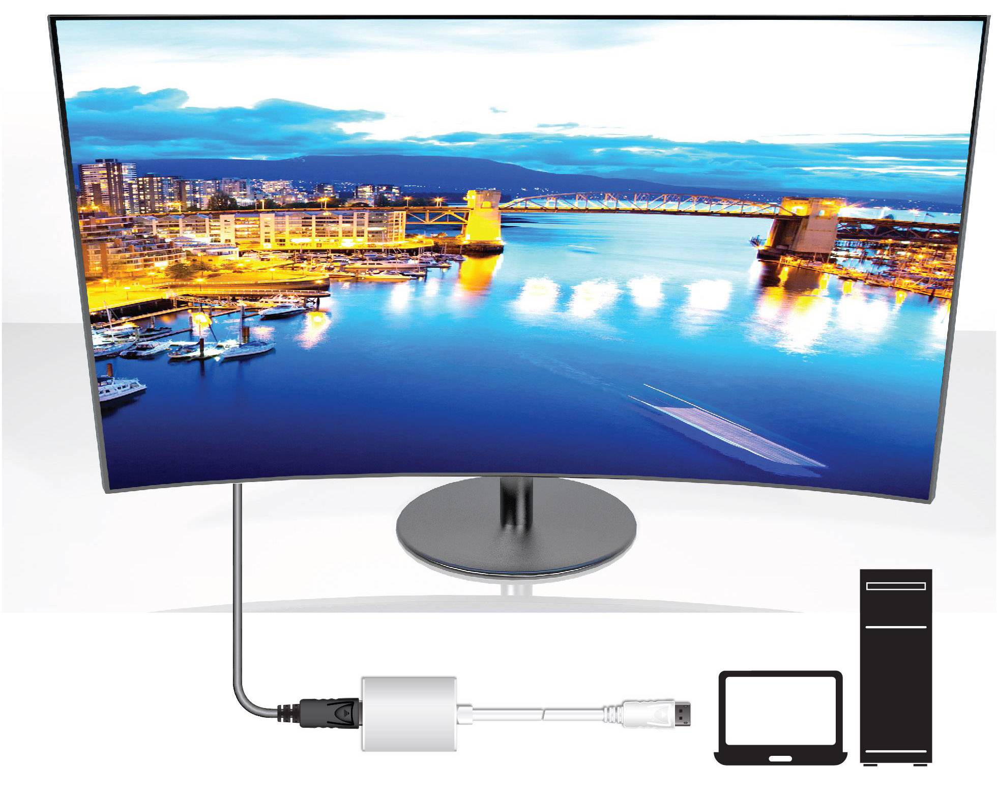 Ein gebogener Monitor zeigt eine nächtliche Stadtansicht mit beleuchtetem Hafen. Unten sind Symbole für PC und Laptop mit Verbindungskabel zu sehen.