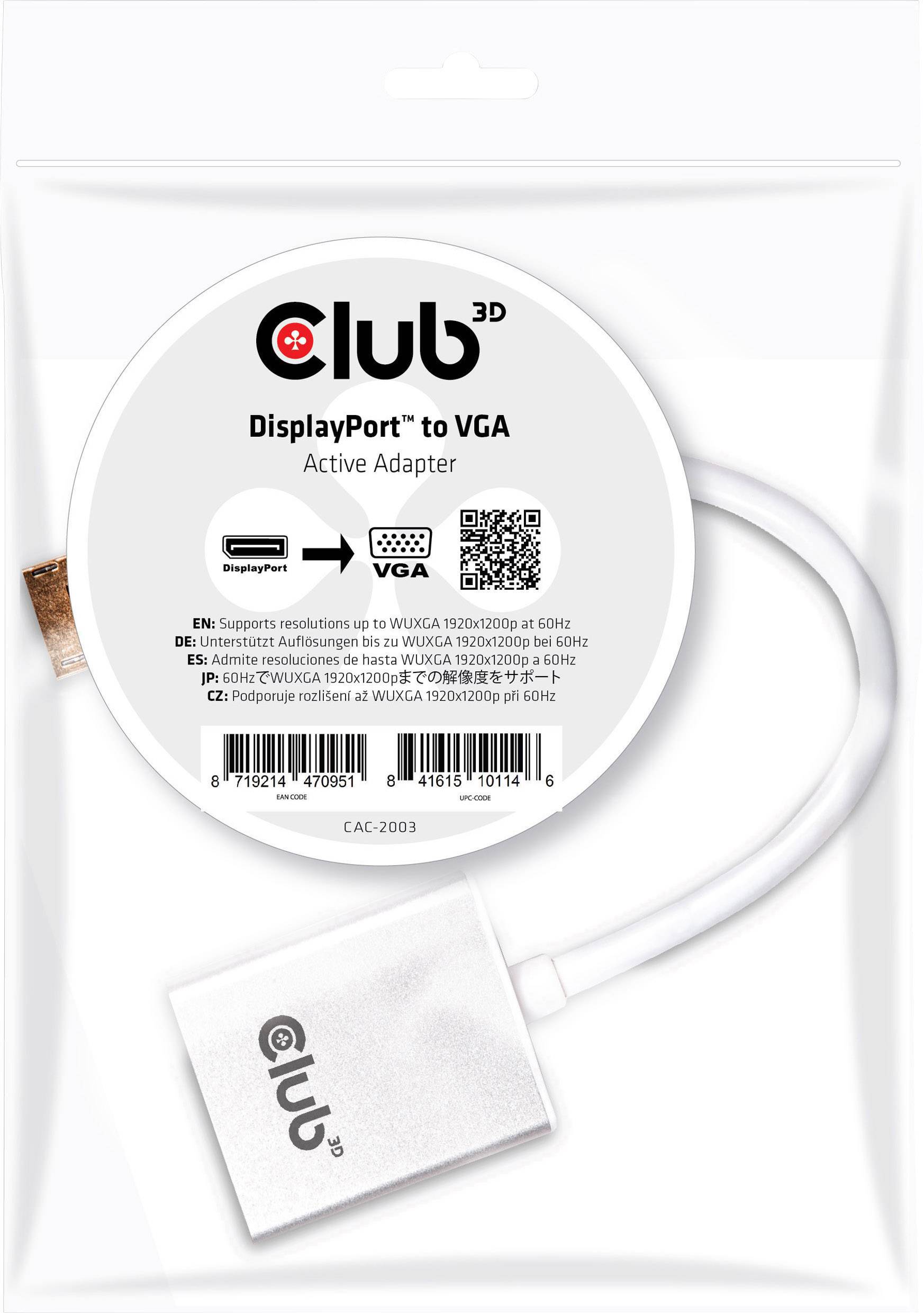 DisplayPort-zu-VGA-Adapter von Club 3D. Unterstützt Auflösungen bis WUXGA 1920x1200 bei 60Hz.