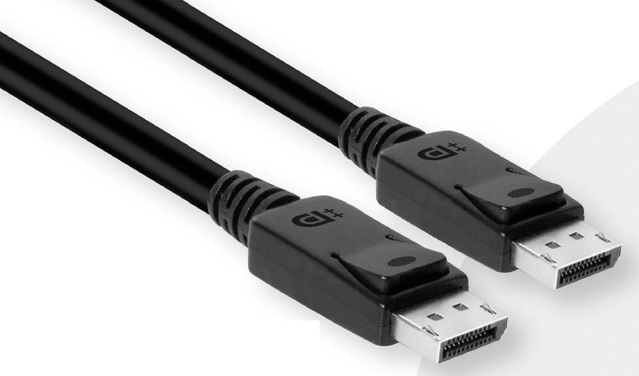 Zwei schwarze DisplayPort-Kabel in Nahaufnahme, die für die Verbindung von Computern mit Bildschirmen zur Videoübertragung verwendet werden.