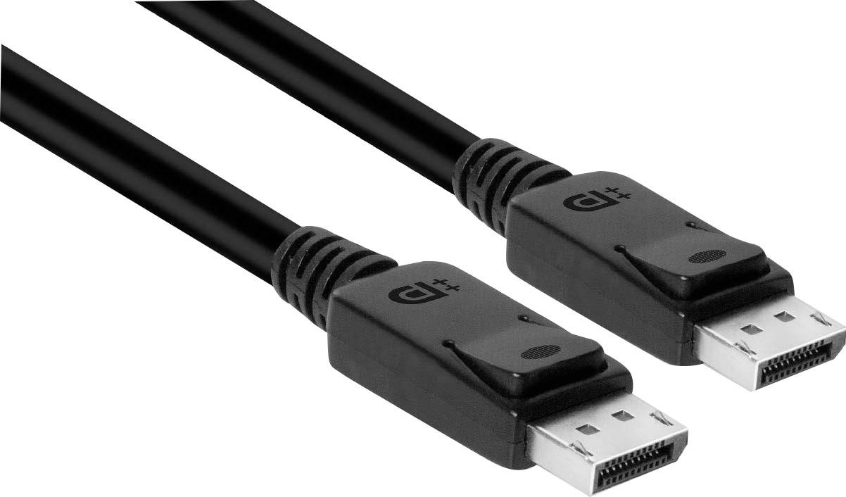 Zwei schwarze DisplayPort-Kabel mit Steckern an jedem Ende, verwendet zur Verbindung von Monitoren mit Computern für hochwertige Videoübertragung.