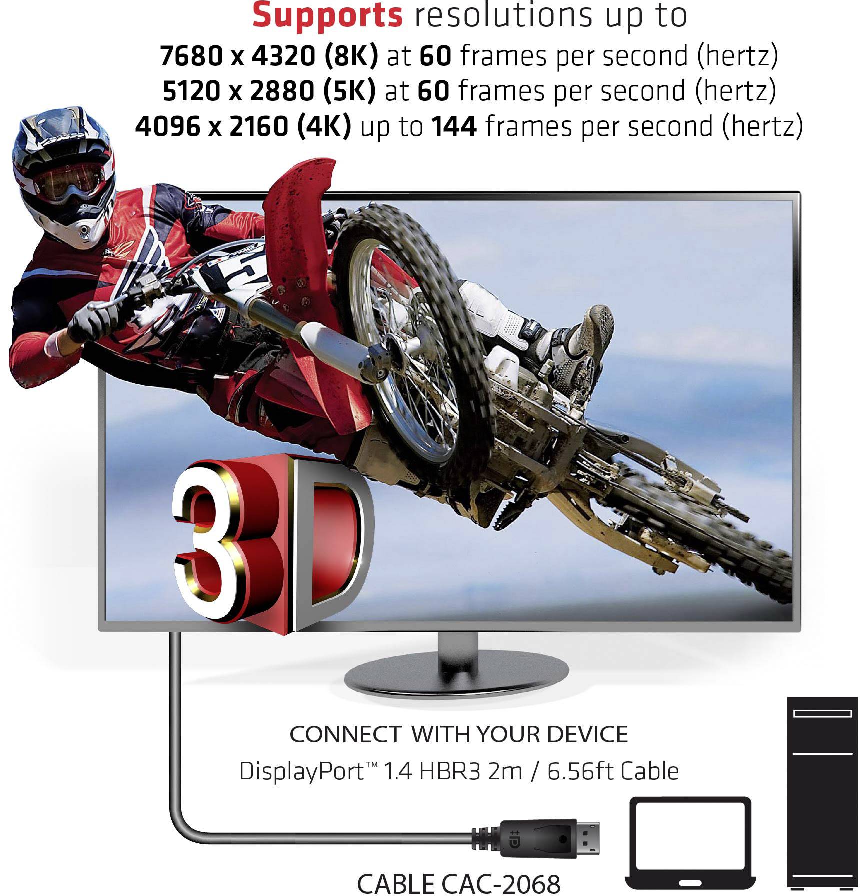 3D-Monitor mit Motocross-Fahrer auf dem Bildschirm. Unterstützt Auflösungen bis zu 8K bei 60 Hz. Inklusive DisplayPort-Kabel.