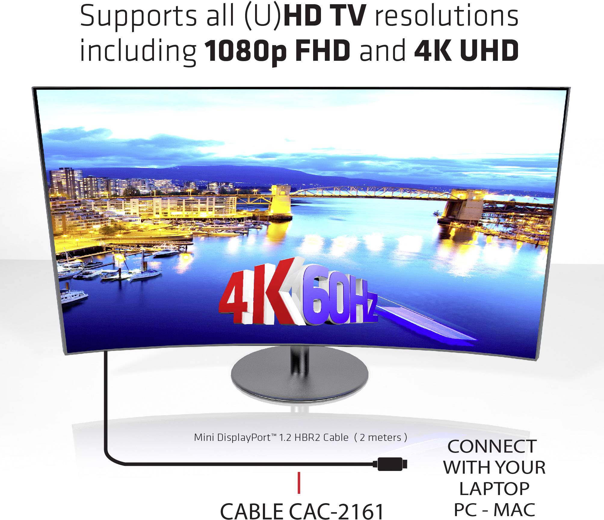 Ein Monitor zeigt ein Stadtbild an. Text oben: 'Unterstützt alle (U)HD-TV-Auflösungen inklusive 1080p FHD und 4K UHD'.