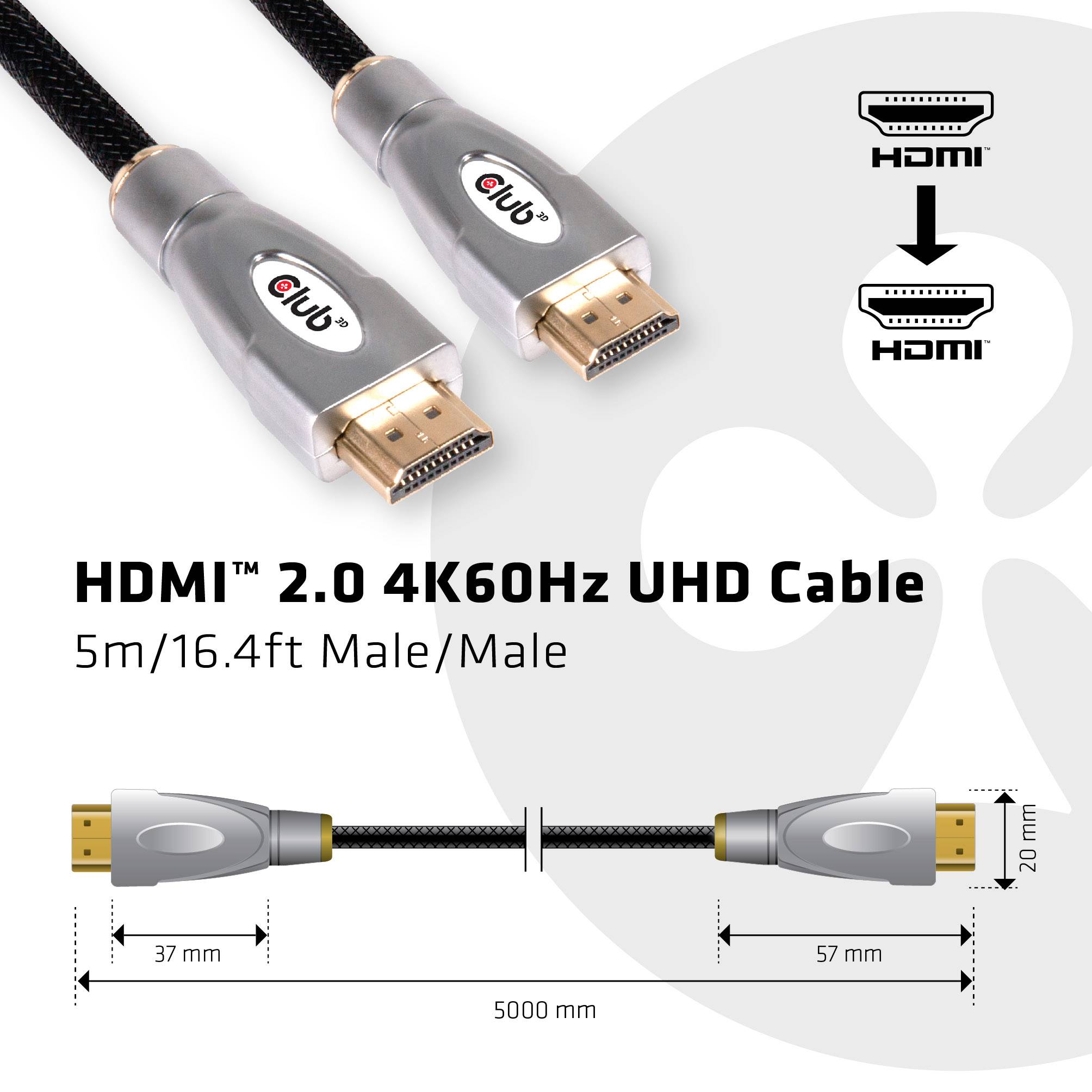 'HDMI 2.0 4K60Hz UHD Kabel, 5m Länge, männlich/männlich.' Bild zeigt ein schwarzes Kabel mit Goldverbindern und Logo oben.
