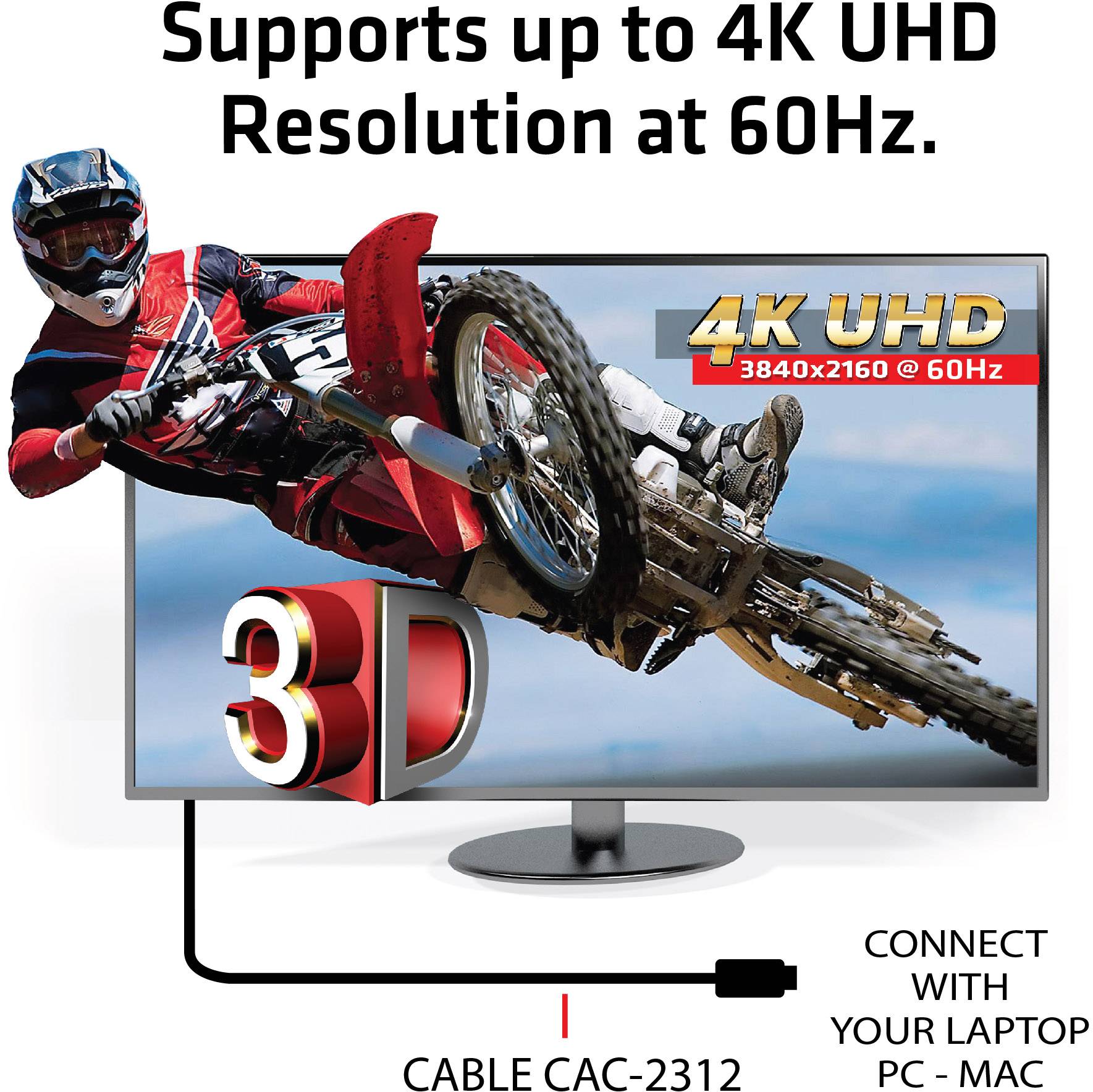 Ein Monitor zeigt ein Fahrradrennfahrer-Bild in 3D und unterstützt 4K-UHD-Auflösung bei 60Hz, verbunden mit einem Laptop über Kabel CAC-2312.