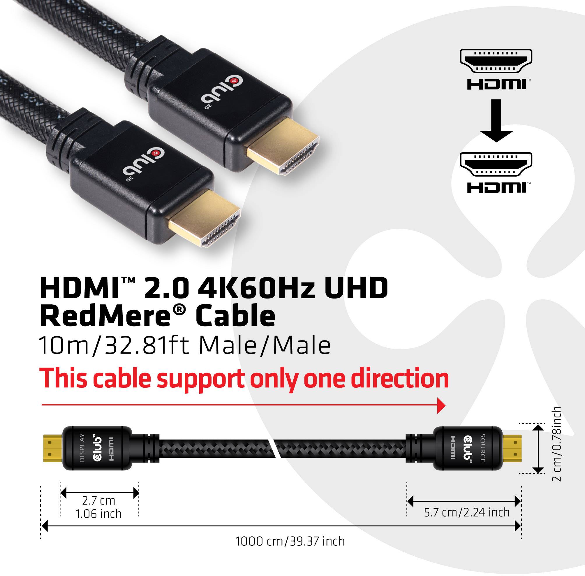 HDMI 2.0 4K60Hz UHD RedMere Kabel, 10m, nur eine Richtung unterstützt, Stecker von CUV. Abmessungen und Anschlüsse illustriert.