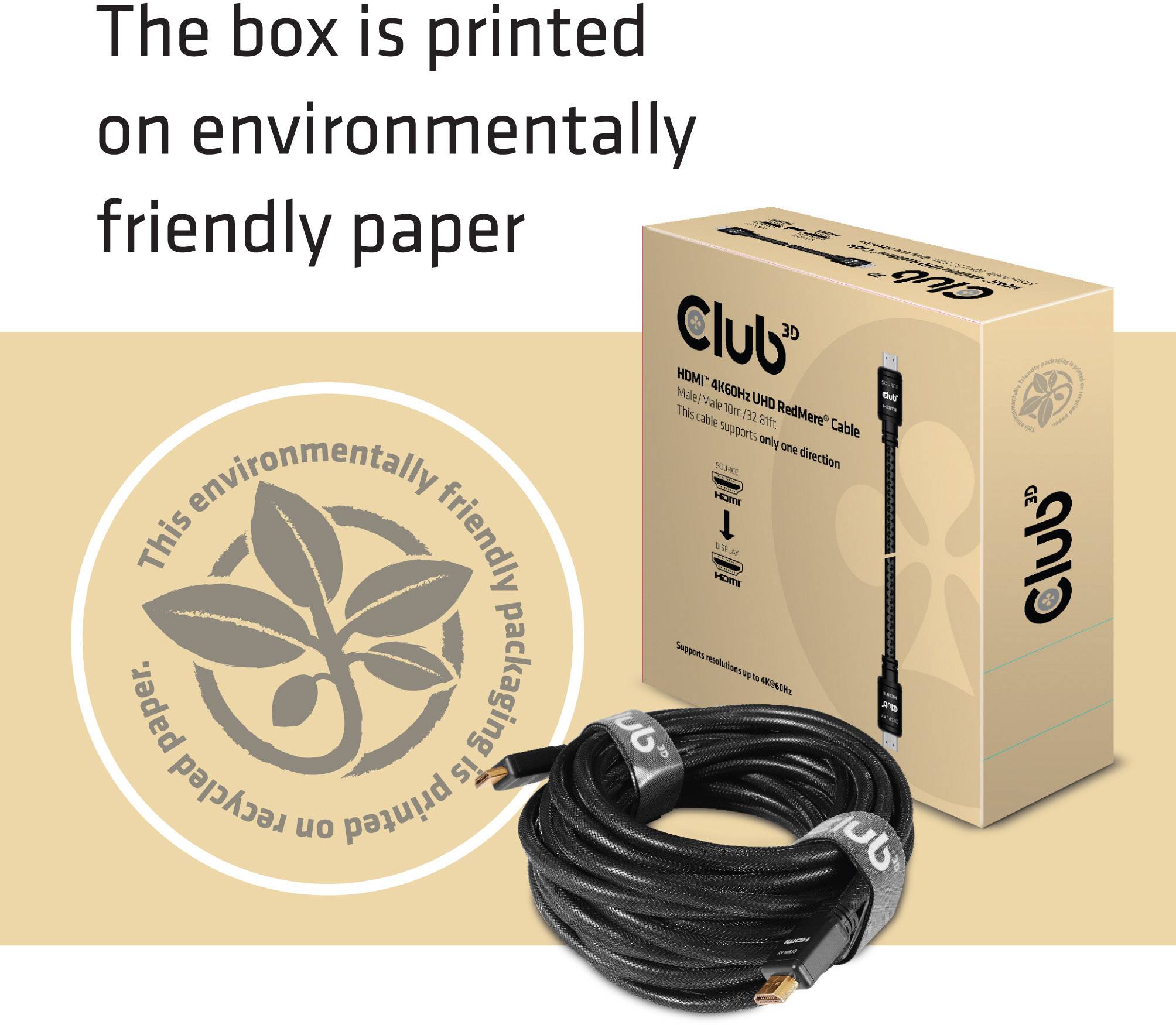 'Club 3D HDMI-Kabel' in umweltfreundlicher Verpackung. Die Schachtel besteht aus recycelbarem Papier mit einem umweltschonenden Aufdruck.