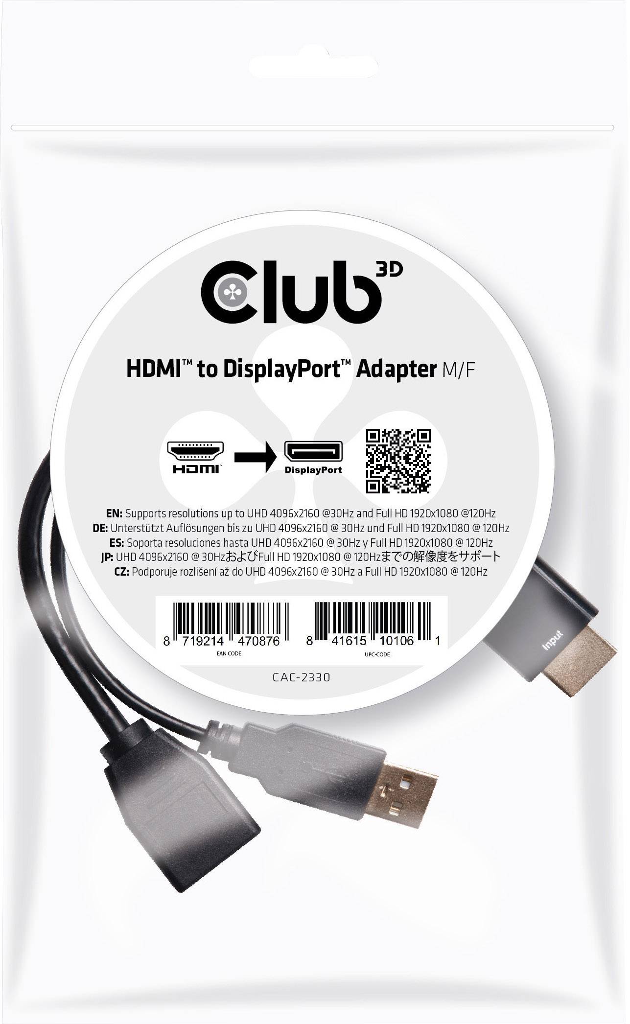 Club3D CAC-2330 HDMI Adapter [1x HDMI-Stecker - 1x DisplayPort Buchse] Schwarz