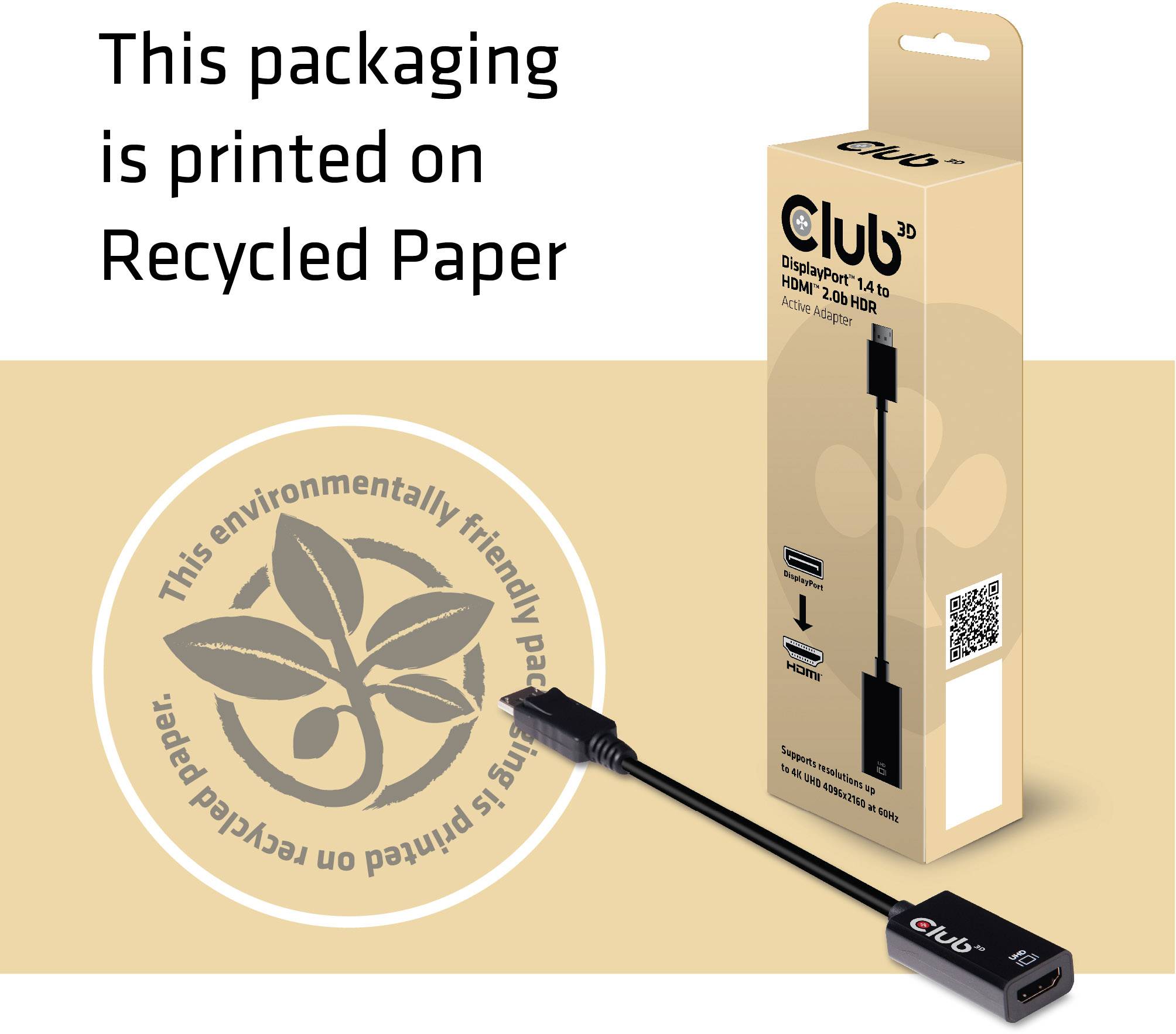 'Club 3D' Adapter-Verpackung aus recyceltem Papier. Text: 'Diese umweltfreundliche Verpackung besteht aus recyceltem Papier.'