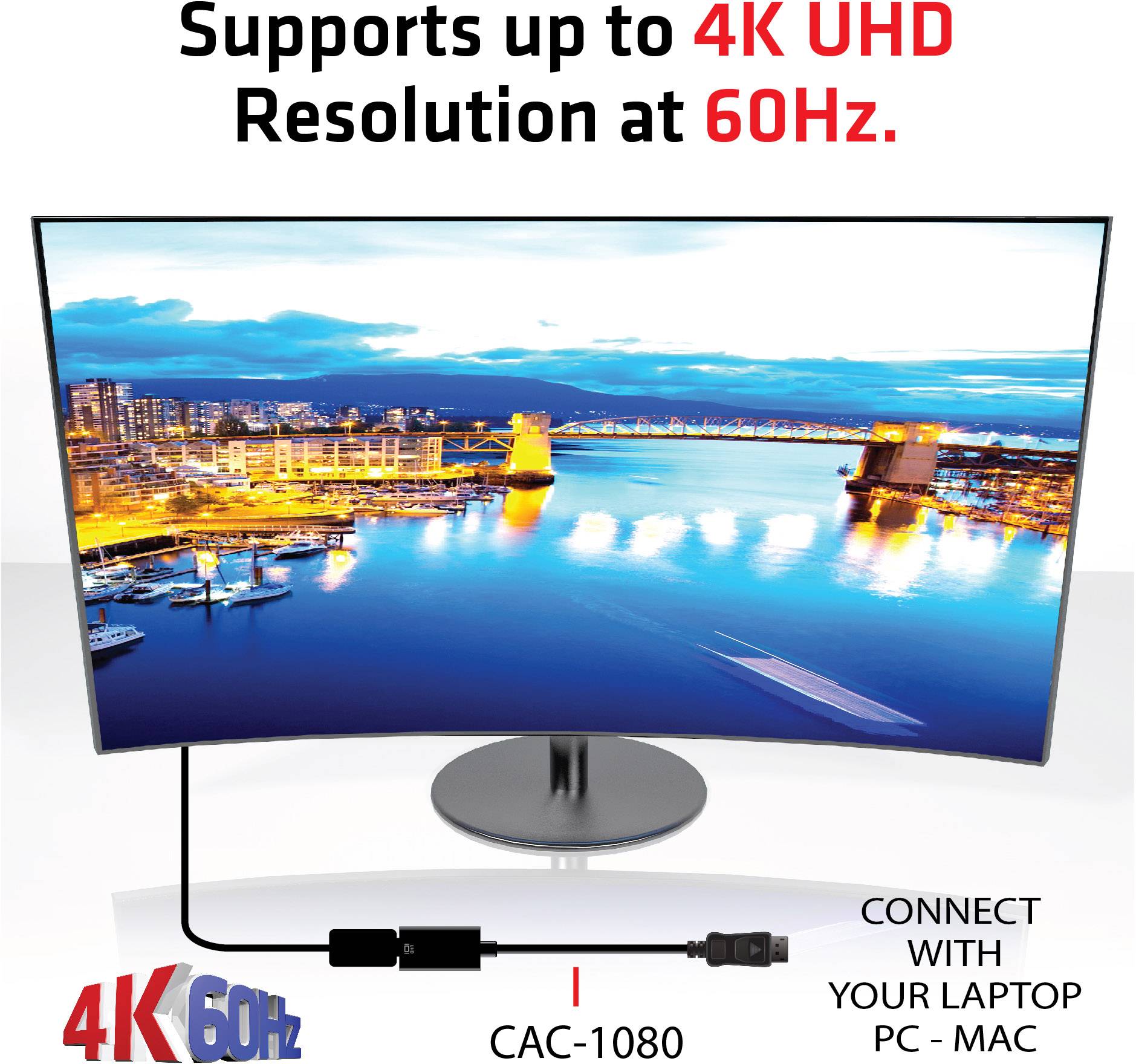 Ein Monitor zeigt einen Hafen bei Nacht. Text oben: Unterstützt bis zu 4K UHD bei 60Hz. Unten rechts: Verbindung mit Laptop, PC, Mac.