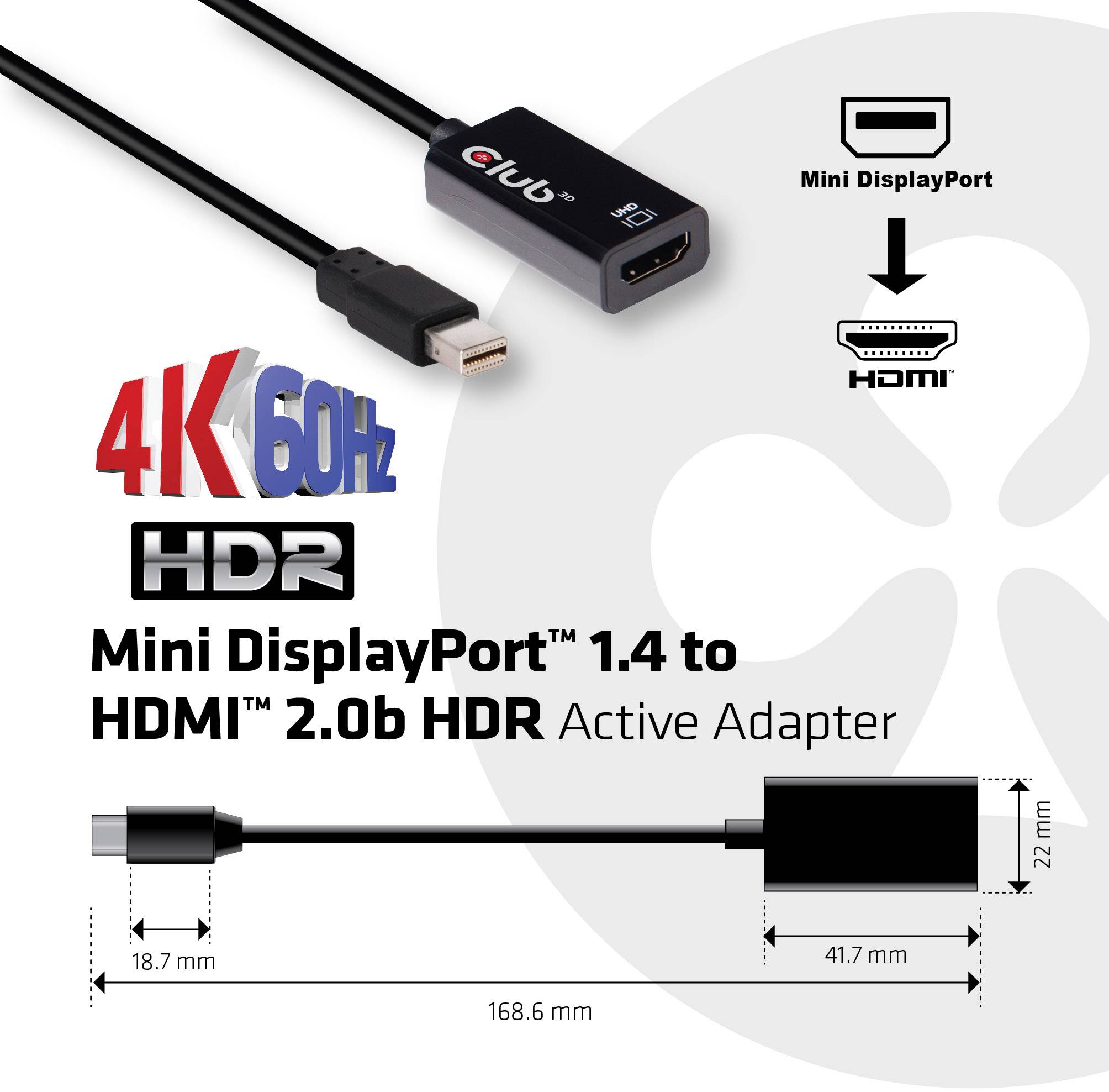 Mini DisplayPort 1.4 zu HDMI 2.0b HDR Adapter, 4K bei 60 Hz, schwarz, mit Diagramm zur Kabelkonfiguration und Anschlussansicht.