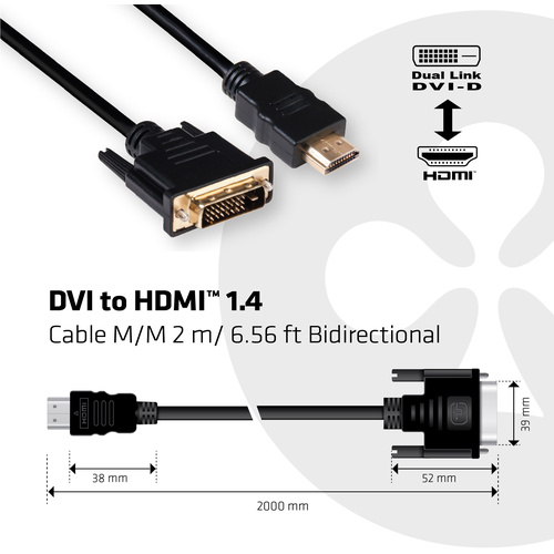 Club3D DVI / HDMI Adapterkabel DVI-D 24+1pol. Stecker, HDMI-A Stecker 2.00 m Schwarz CAC-1210 Flamm