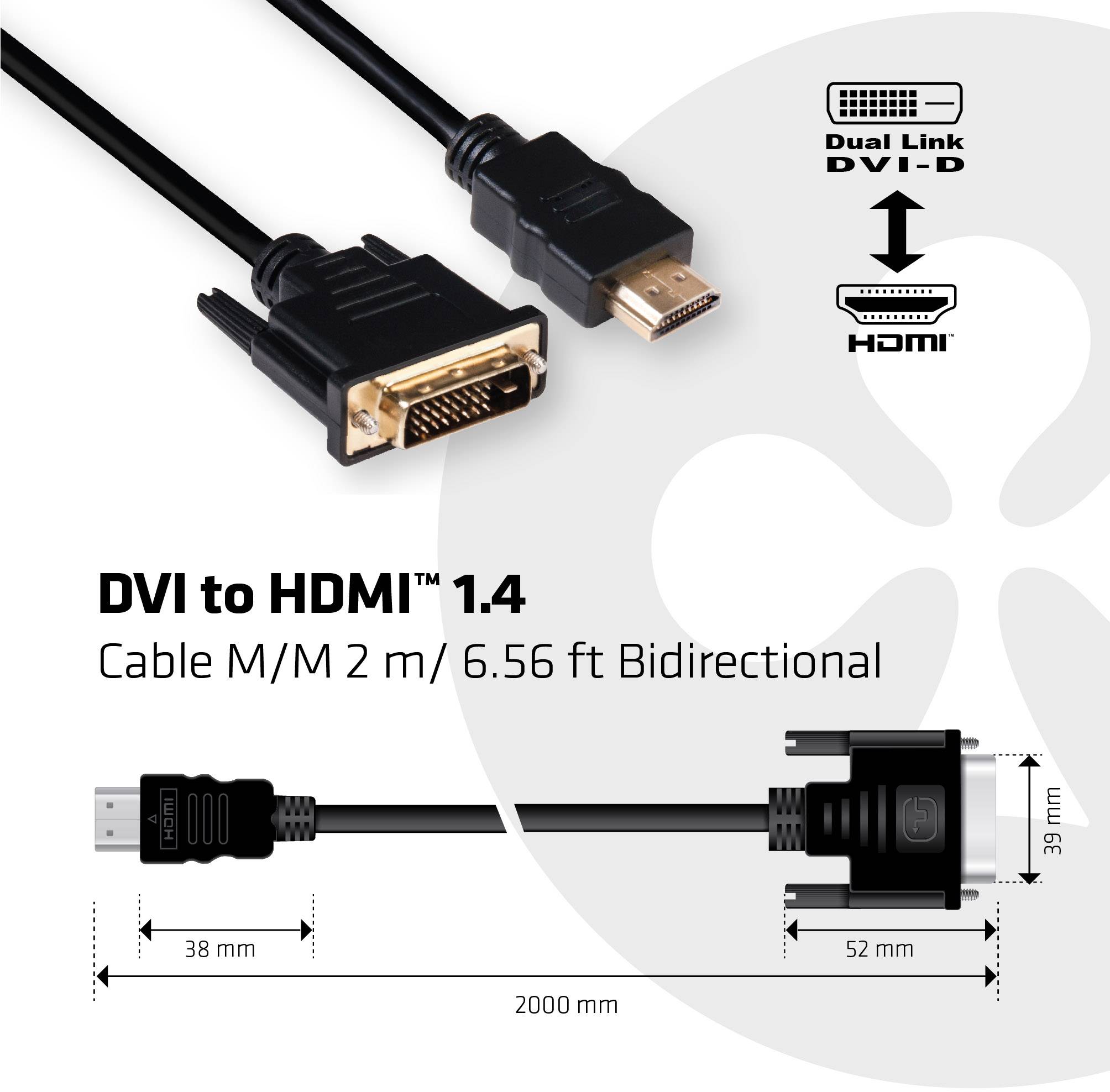 Club3D DVI / HDMI Adapterkabel DVI-D 24+1pol. Stecker, HDMI-A Stecker 2.00m Schwarz CAC-1210 Flammwidrig DVI-Kabel