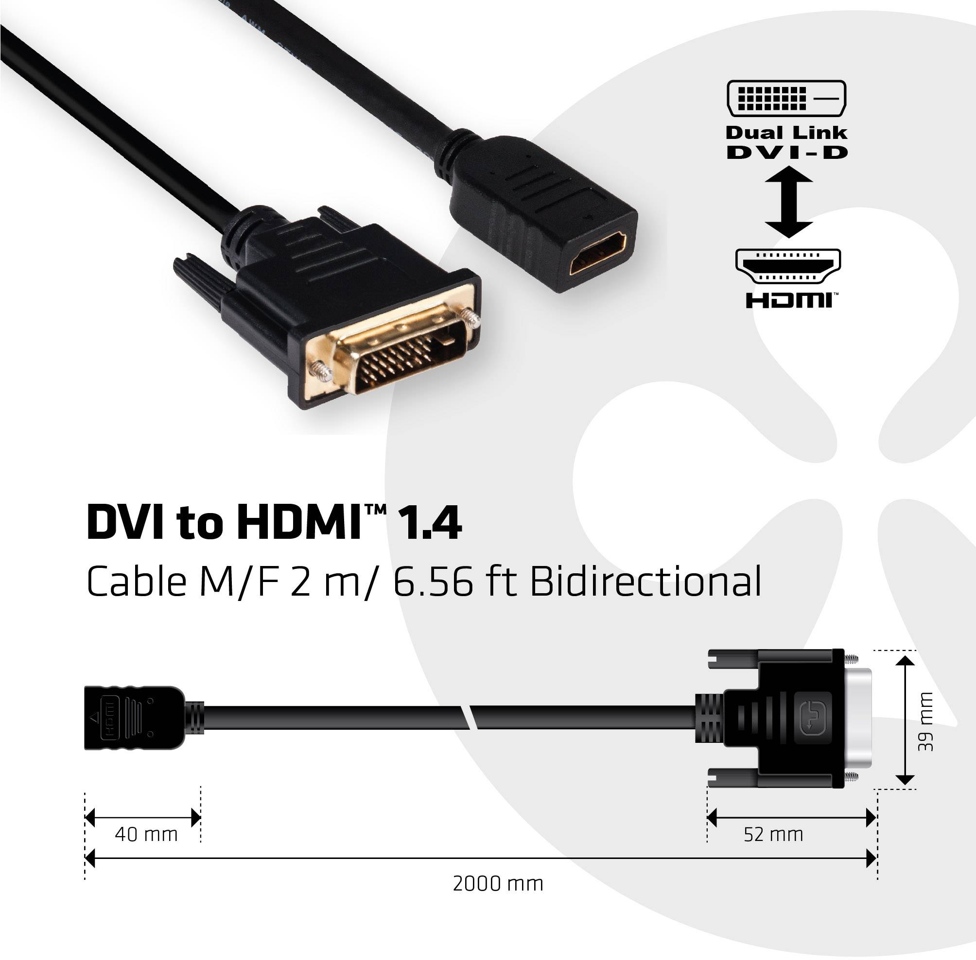 Das Bild zeigt ein DVI-zu-HDMI-Kabel, 2 m lang, bidirektional. Maße des DVI-Steckers: Länge 52 mm, Breite 39 mm.