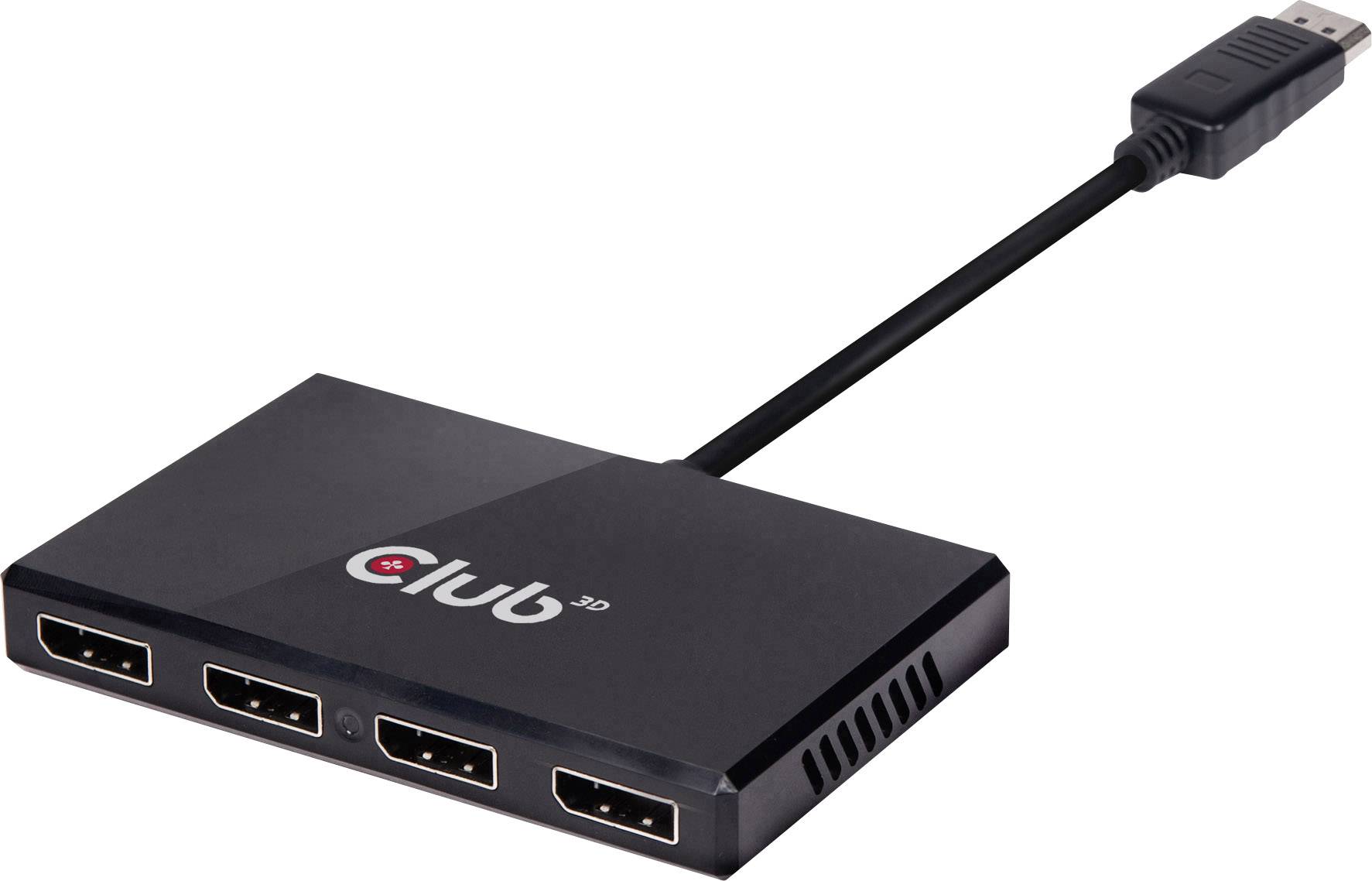 Ein schwarzer DisplayPort-Hub mit drei HDMI-Ausgängen und einem DisplayPort-Kabel, geeignet zum Anschließen mehrerer Bildschirme.