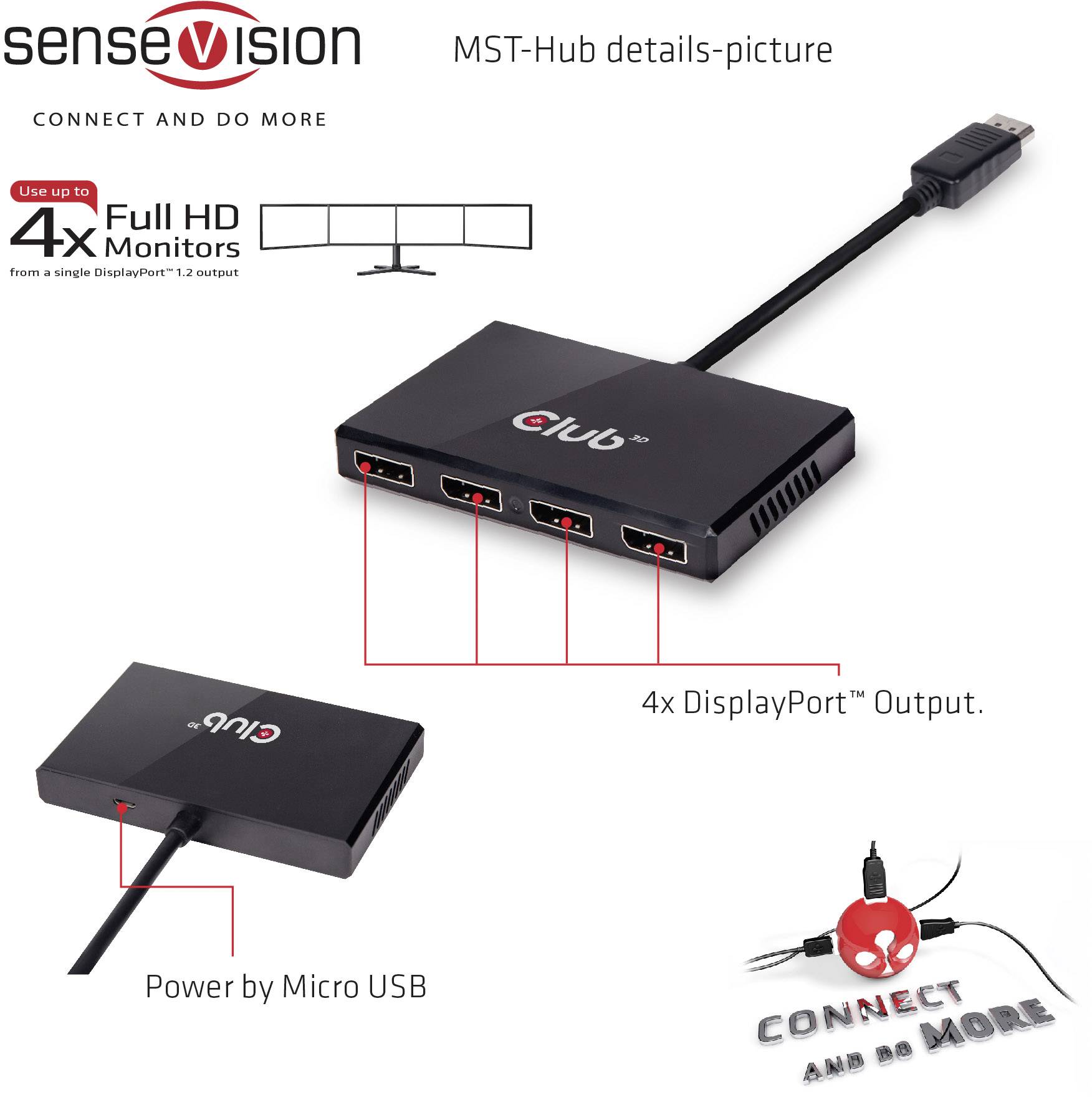 Ein MST-Hub mit DisplayPort, der bis zu vier Full HD-Monitore unterstützt. Stromversorgung über Micro USB. Motto: 'Connect and do more'.