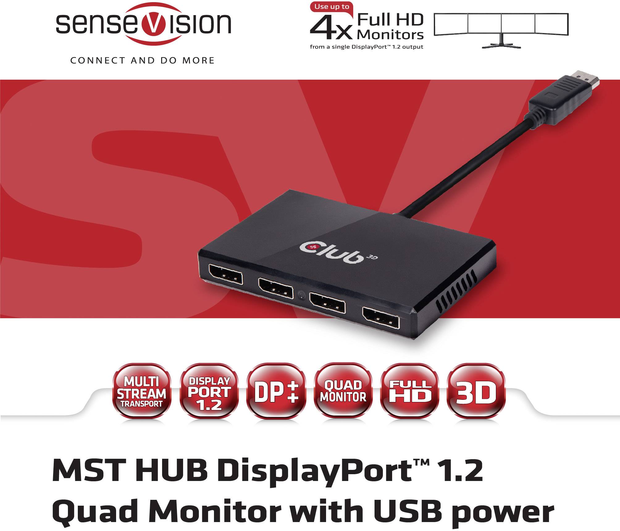 MST HUB DisplayPort 1.2 Quad Monitor mit USB-Stromversorgung. Unterstützt 4 Monitore bis zu Full HD. Ideal für Multi-Stream-Transport.
