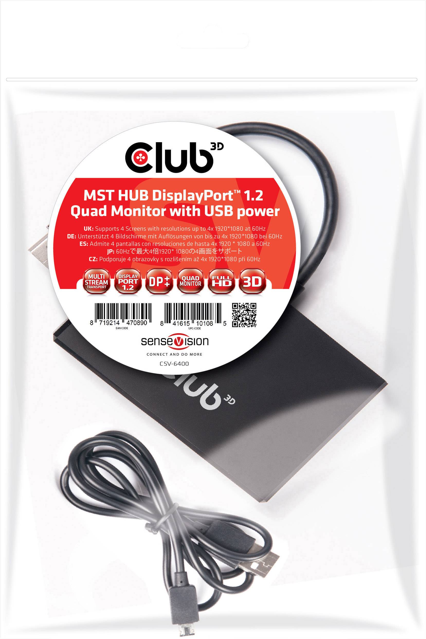 Club 3D MST HUB DisplayPort 1.2 für vier Monitore mit USB-Anschluss, zeigt Kabel und Gerät. Verpackungsbild.